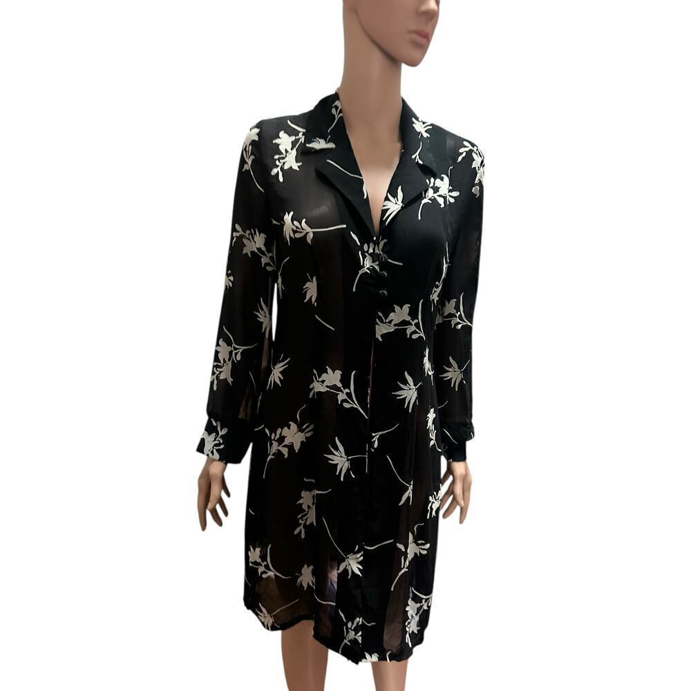 VANY Women’s Sheer Black Floral ButtonDown Shirt Dress Long Sleeve Cover-Up.SZ-8 - Picture 2 of 8